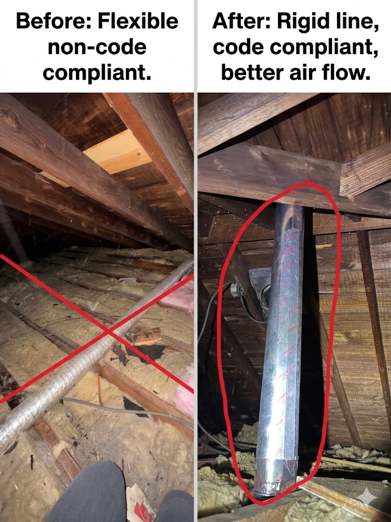 Before and after attic dryer vent installation