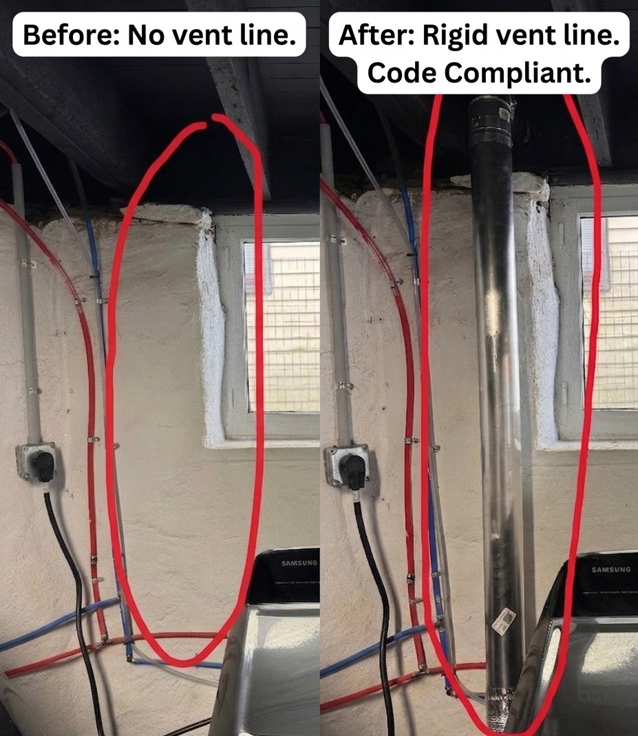 Before and after basement dryer vent installation