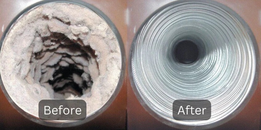 Before and after dryer vent interior cleaning